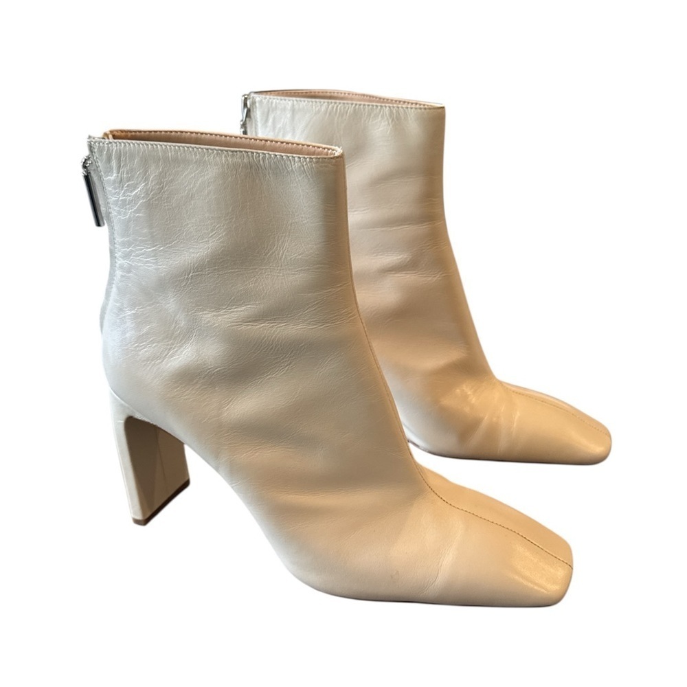 Zara Woman Cream Leather Square Toe Ankle Boots Sculptural Heel Size 40